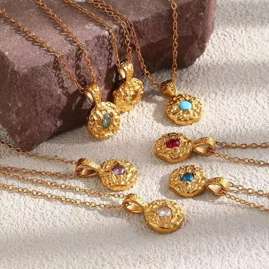 12 Birthstone Hammered Pendant Necklace