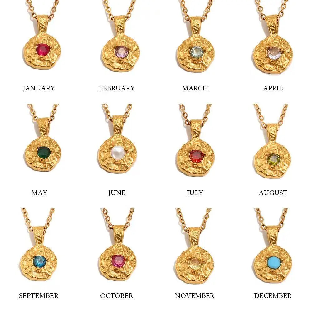12 Birthstone Hammered Pendant Necklace