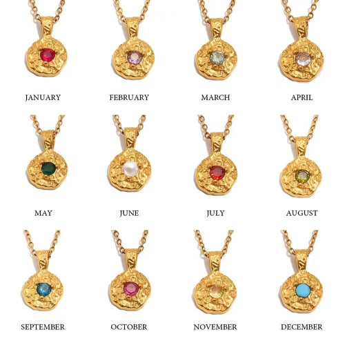 12 Birthstone Hammered Pendant Necklace