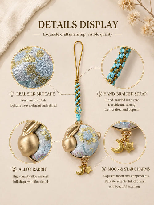 Oriental Traditional Brocade Round Jade Rabbit Phone Charm