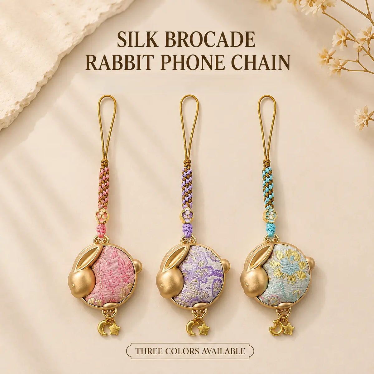 Oriental Traditional Brocade Round Jade Rabbit Phone Charm